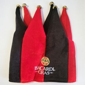 Vtg 09 Bacardi Gras Jester Joker Hat Brass Tone Bells Black Red Mardi Halloween